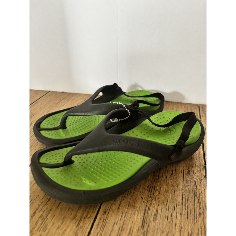 CROCS Toddler Kids ATHENS Flip Flop Thong Sandals Black/ Green‎ Strap C 10 11